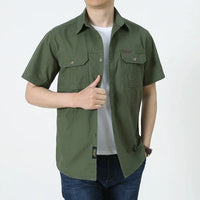 Men Cargo Shirt Short Sleeve Casual Cotton Work Shirt