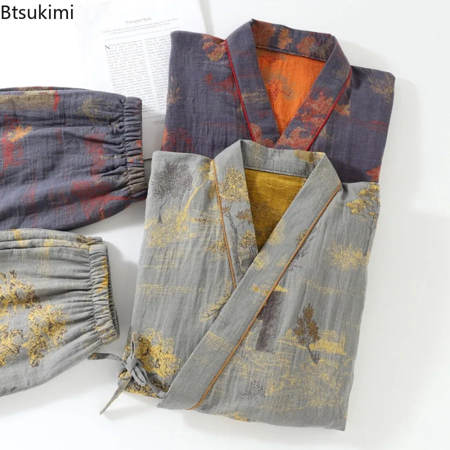 Men’s Cotton Kimono Pajama Robe – Jacquard Print Loungewear