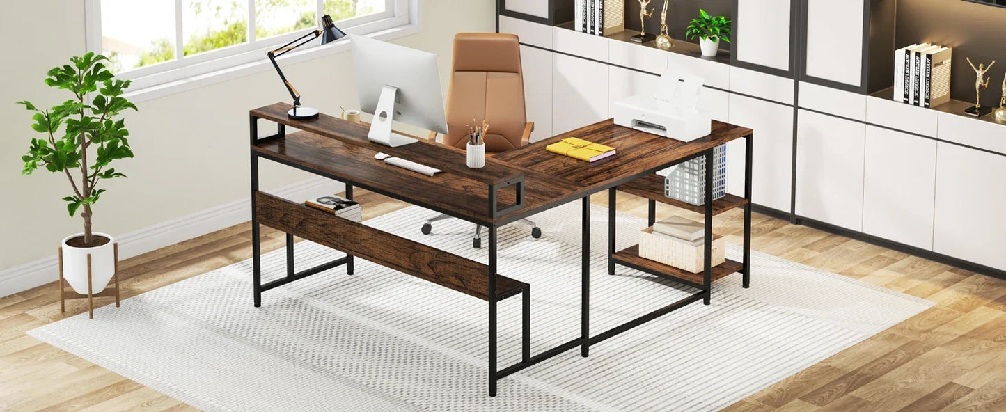 Tribesigns 59 Inch L Shaped Desk with Monitor Stand, Reversible Corner Computer Desk with Storage Shelves Rustic Brown