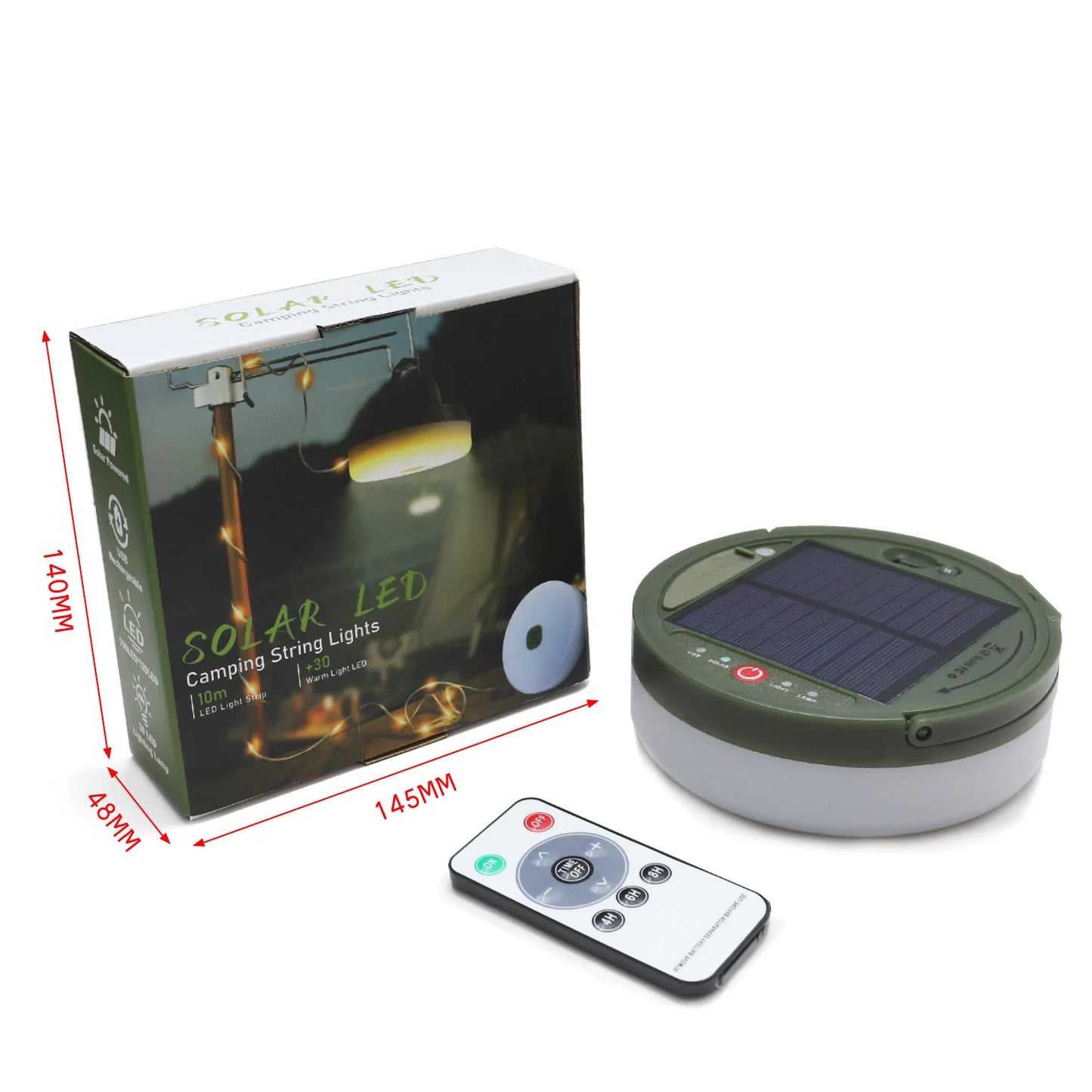 Solar powered outdoor camping tents, ambient lights, lighting fixtures, measuring tape, storage camping light strings