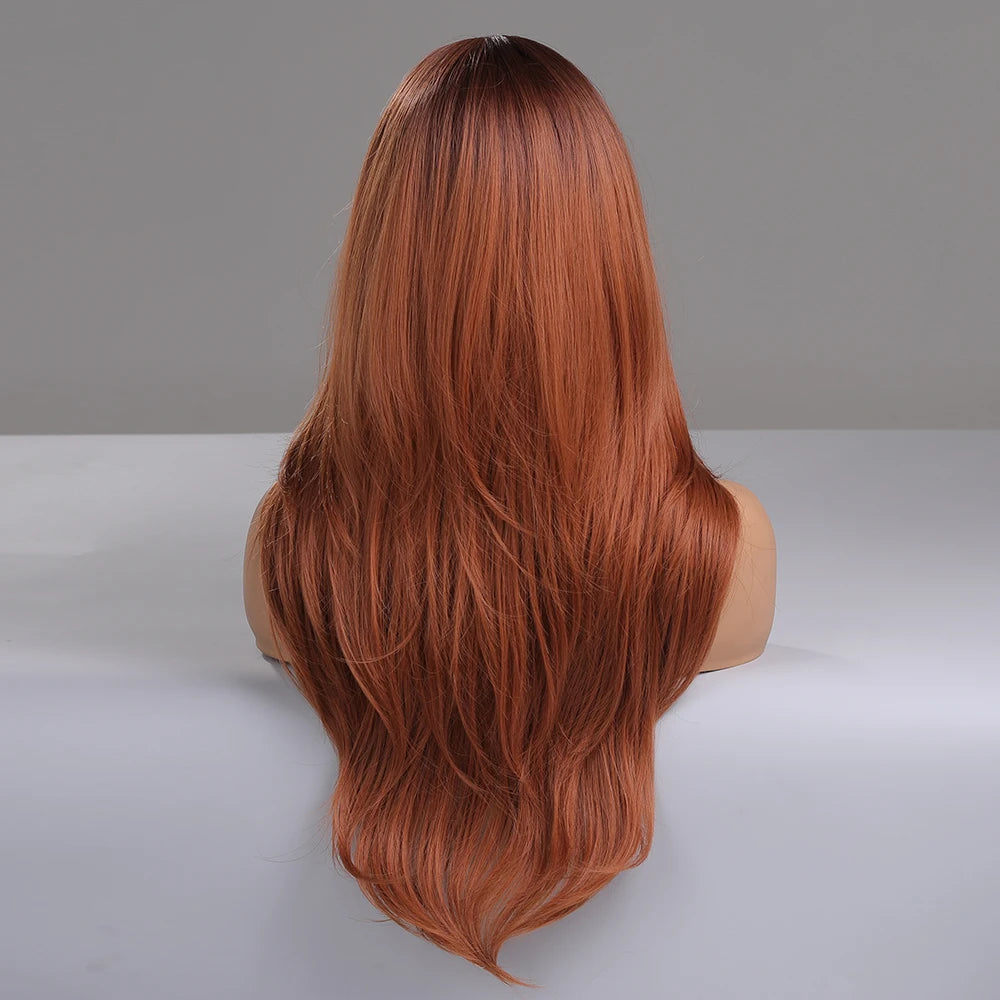 Reddish Brown Straight Layered Synthetic wig with Bangs Long hair Copper Ginger Wig for Women Daily Use Heat Resistant Wigs