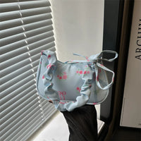 Women's Underarm Bag Summer Canvas Pleated Handlebags Armpit Purse FloralBow Printed Zipper Tote Handbag Female Y2k Shoulder Bag