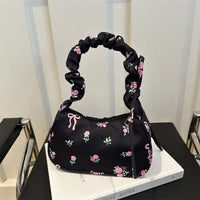 Women's Underarm Bag Summer Canvas Pleated Handlebags Armpit Purse FloralBow Printed Zipper Tote Handbag Female Y2k Shoulder Bag