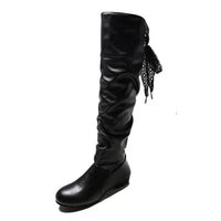 Women Knee-High Boots – Pleated Lace-Up Casual Long Shoes