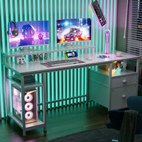 Satifur 93 inch 2-person Office Desk with Power Sockets and LED Lights,61in Computer Desk,Home Work Desk,Monitor Stands, Drawers