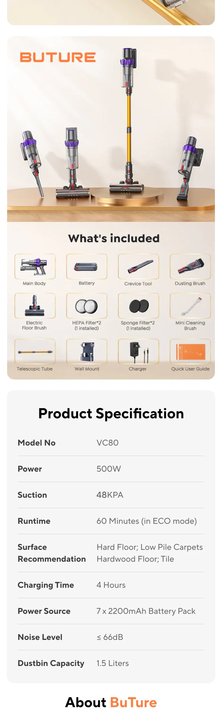 BUTURE VC80 Cordless Handheld Vacuum Cleaner 500W