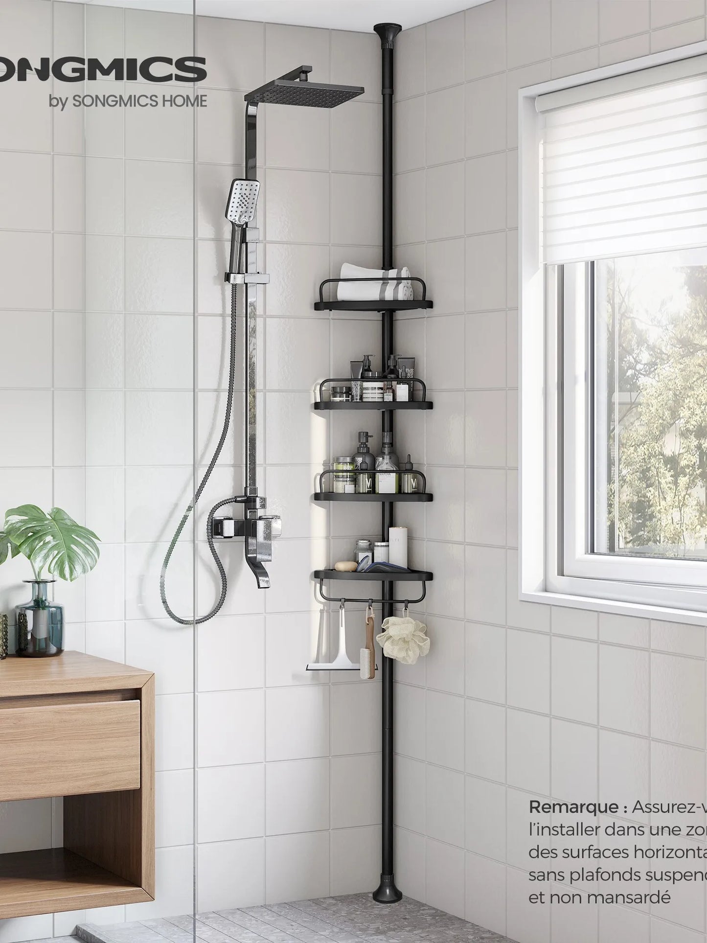 SONGMICS Shower Corner Shelf, 4-Tier Bathroom Shower Shelf, 85-305 cm Adjustable Shower Caddies, Bathroom Organiser