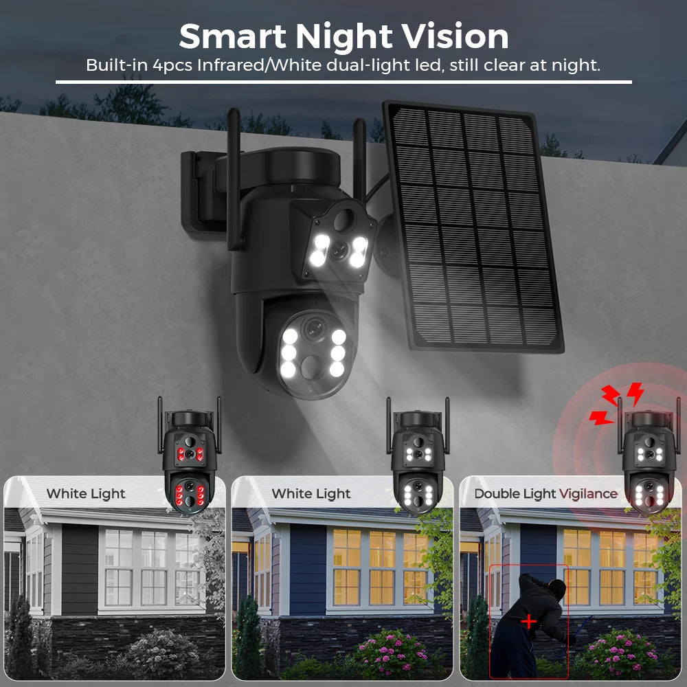4K 8MP Solar Security Camera – Dual Lens WiFi PIR IP Camera