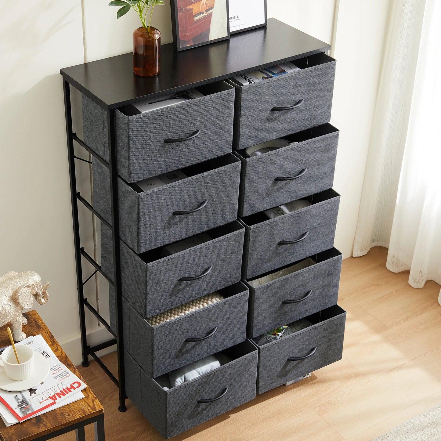 Bedside Table with 10 Fabric Drawers & Steel Frame