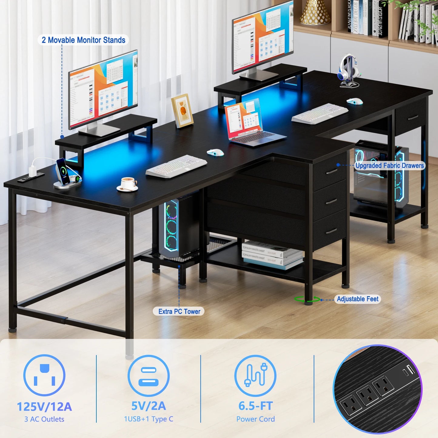 Satifur 93 inch 2-person Office Desk with Power Sockets and LED Lights,61in Computer Desk,Home Work Desk,Monitor Stands, Drawers