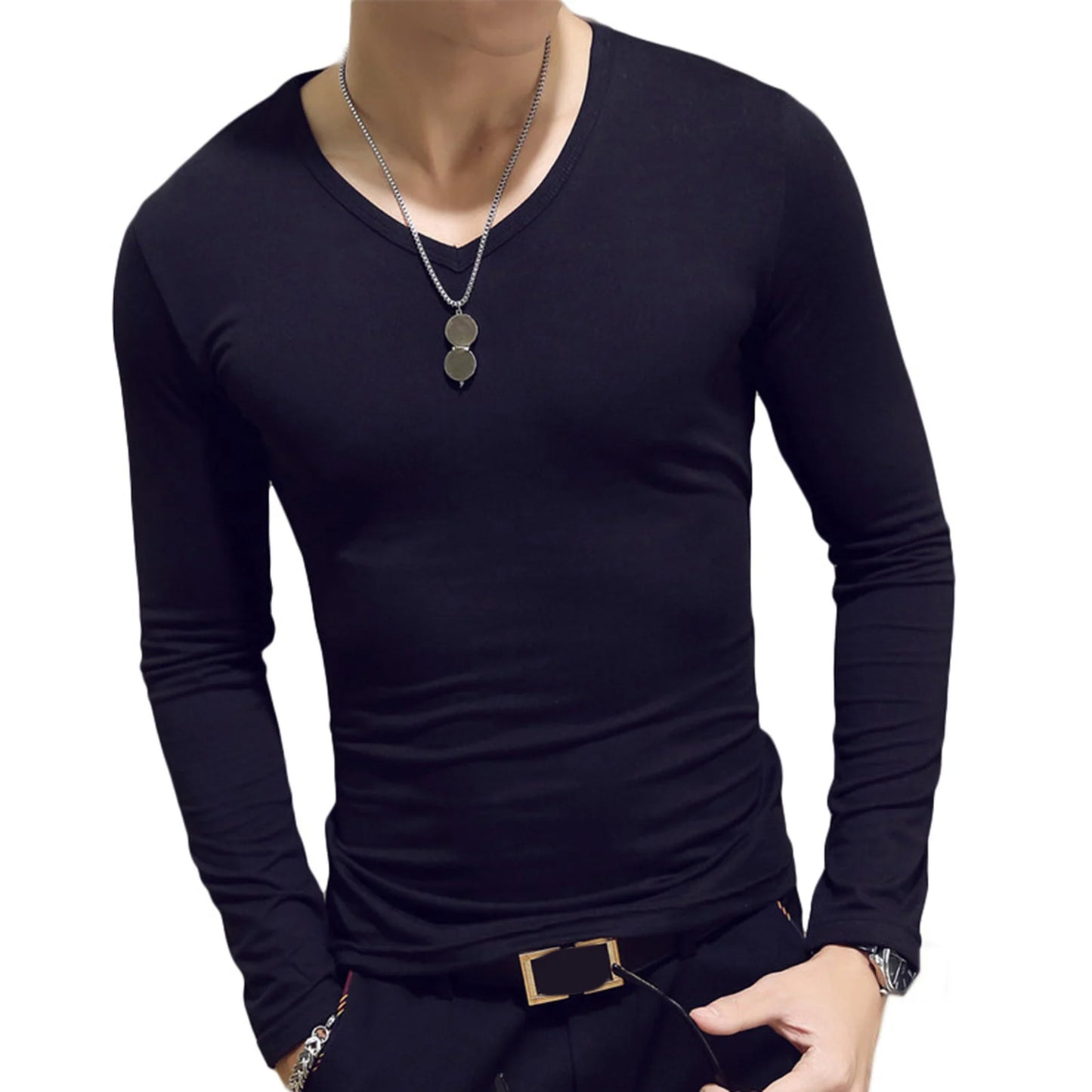 Men’s Slim Fit V-Neck Long Sleeve T-Shirt – Casual Solid Tee