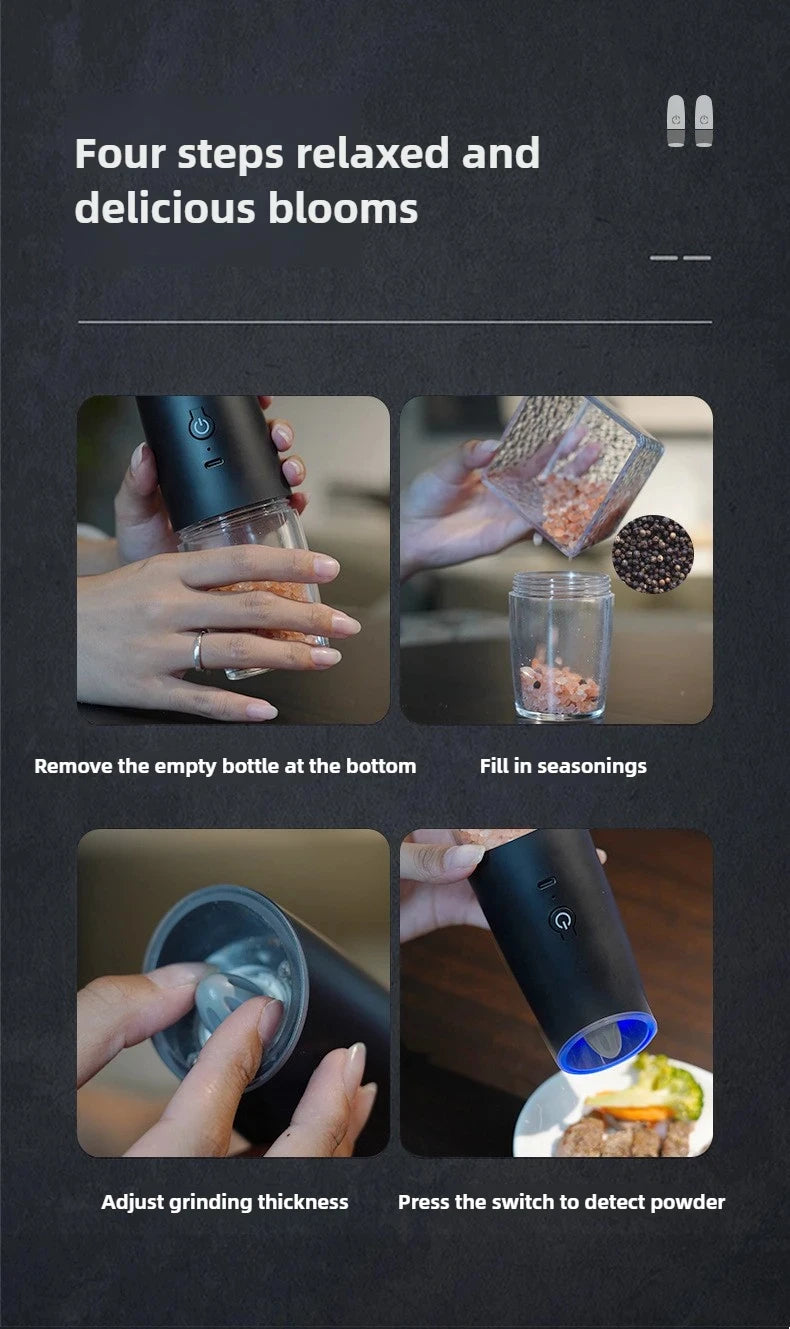USB Rechargeable Electric Salt and Pepper Grinder Adjustable Coarseness Large Capacity Auto Spices Grinders Kitchen Cooking Tool