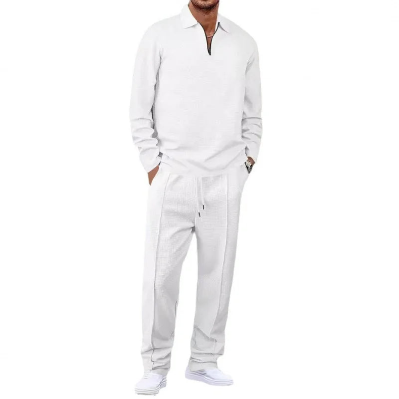 Spring and Autumn Men's Clothing  Waffle Fabric Men's Suit Fashion Casual Zipper and Lapel Long Sleeve POLO Shirt Trousers Suit