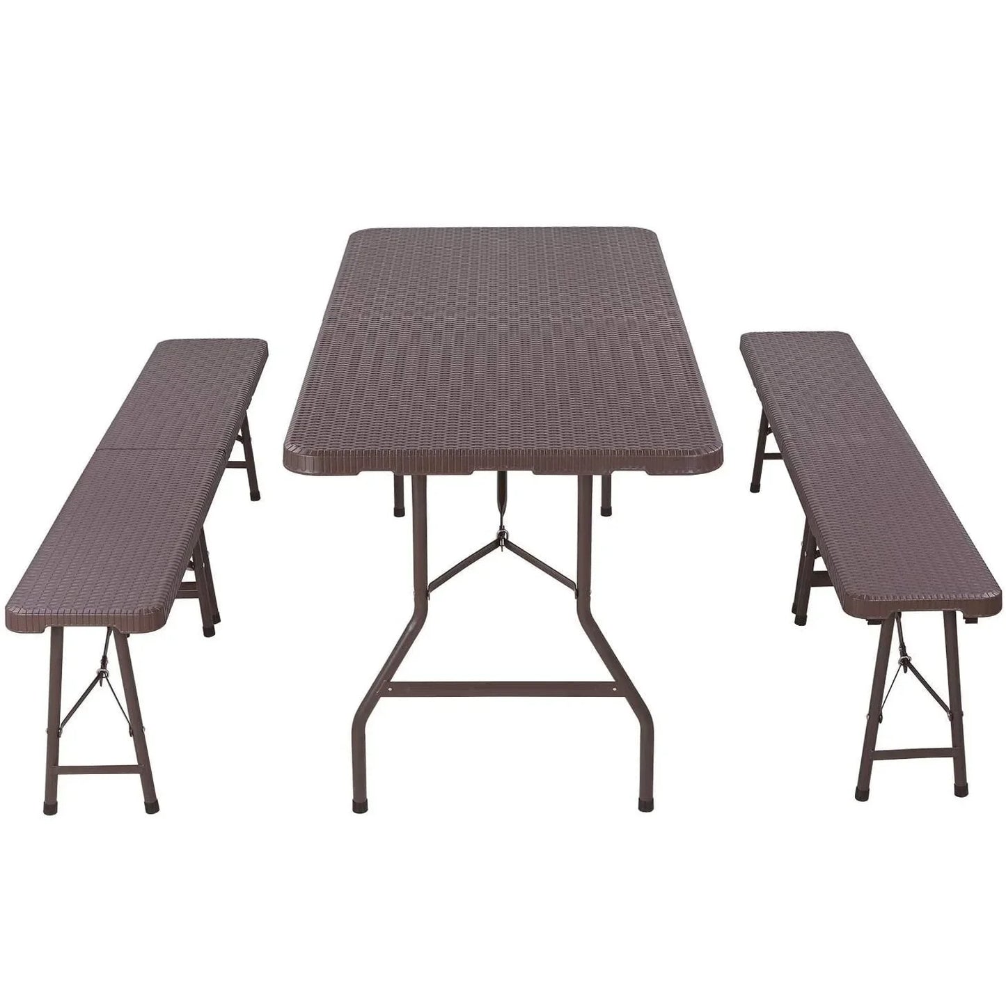 Camping Table Foldable 1 and 2 Benches, HDPE Plastic Panel, Waterproof, with Steel Frame, Patio Outdoor Furniture Set