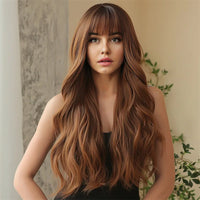 Long Curly Wig with Bangs – Brown Synthetic Fiber Hair