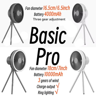 Rechargeable Camping Fan with LED Light – Portable 10000mAh