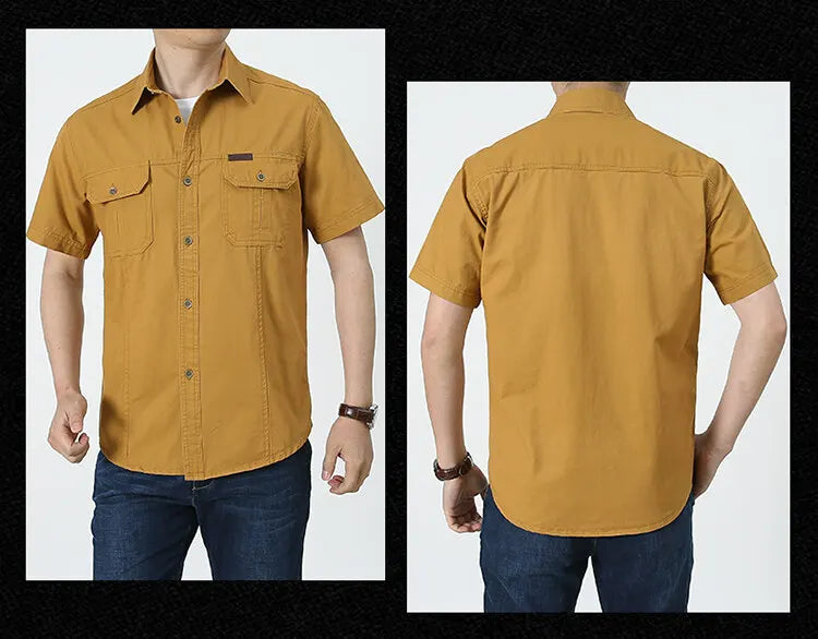 Men Cargo Shirt Short Sleeve Casual Cotton Work Shirt