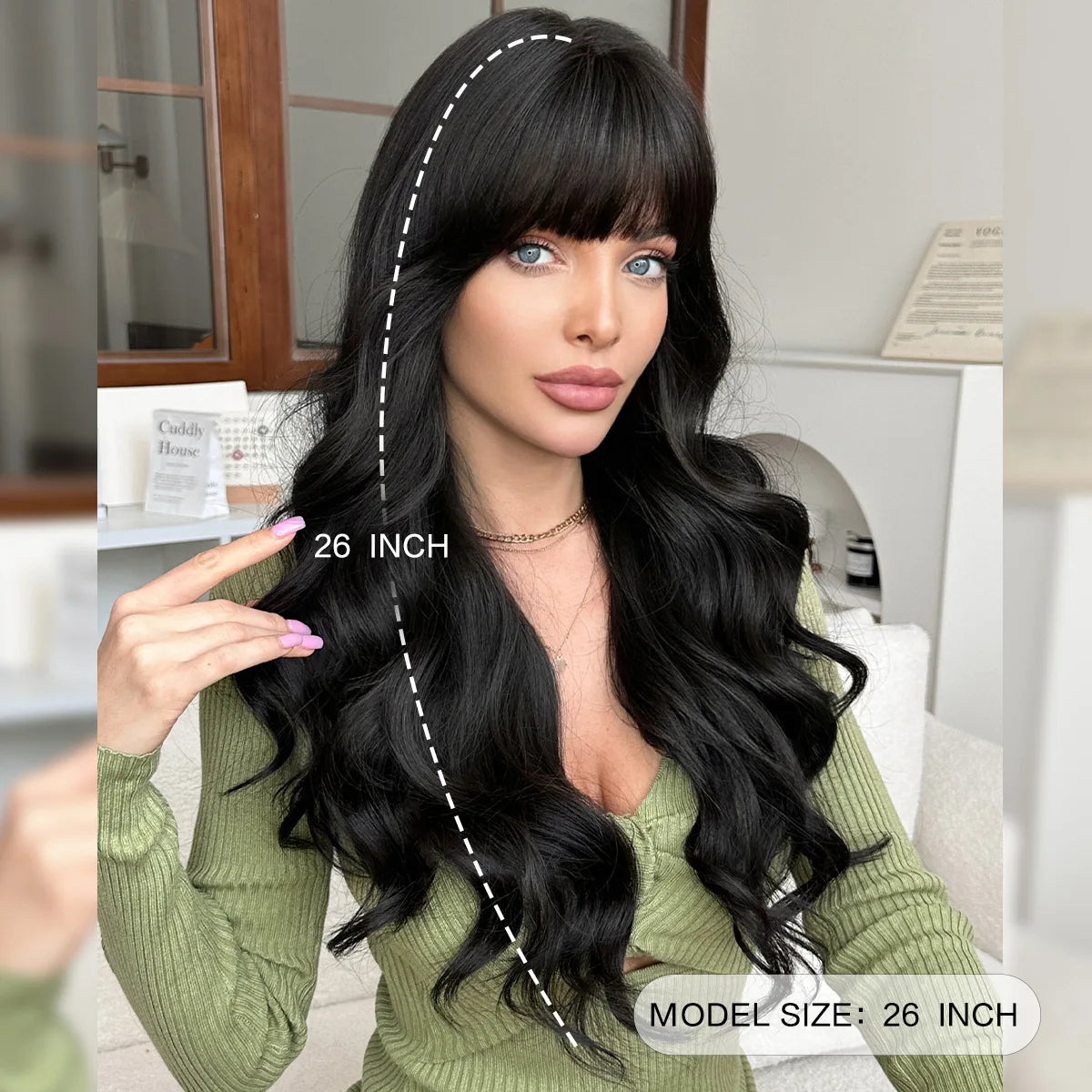 Long Curly Wig with Bangs – Brown Synthetic Fiber Hair