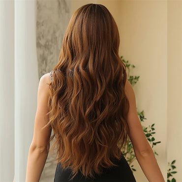 Long Curly Wig with Bangs – Brown Synthetic Fiber Hair
