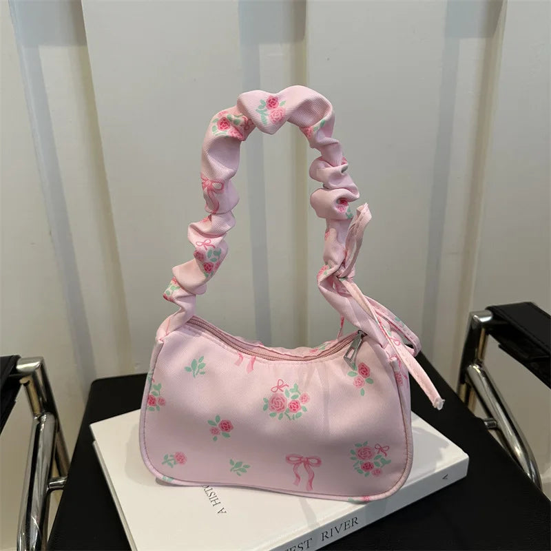 Women's Underarm Bag Summer Canvas Pleated Handlebags Armpit Purse FloralBow Printed Zipper Tote Handbag Female Y2k Shoulder Bag