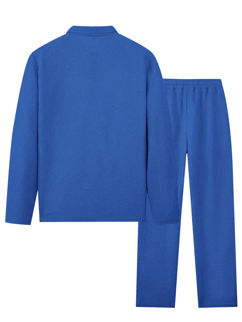 Spring and Autumn Men's Clothing  Waffle Fabric Men's Suit Fashion Casual Zipper and Lapel Long Sleeve POLO Shirt Trousers Suit