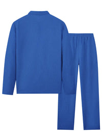 Spring and Autumn Men's Clothing  Waffle Fabric Men's Suit Fashion Casual Zipper and Lapel Long Sleeve POLO Shirt Trousers Suit