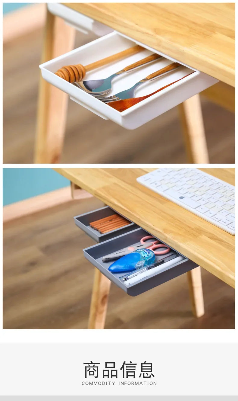 Self Stick Pencil Tray Desk Table Storage Drawer Organizer Box Under Desk Stand Self-adhesive Under-drawer Storage