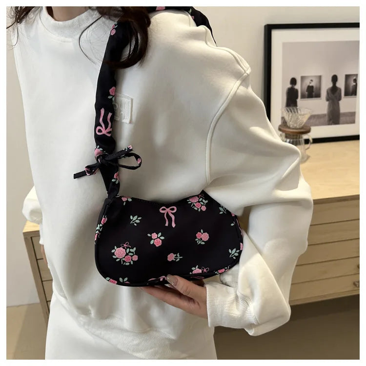 Women's Underarm Bag Summer Canvas Pleated Handlebags Armpit Purse FloralBow Printed Zipper Tote Handbag Female Y2k Shoulder Bag
