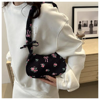 Women's Underarm Bag Summer Canvas Pleated Handlebags Armpit Purse FloralBow Printed Zipper Tote Handbag Female Y2k Shoulder Bag