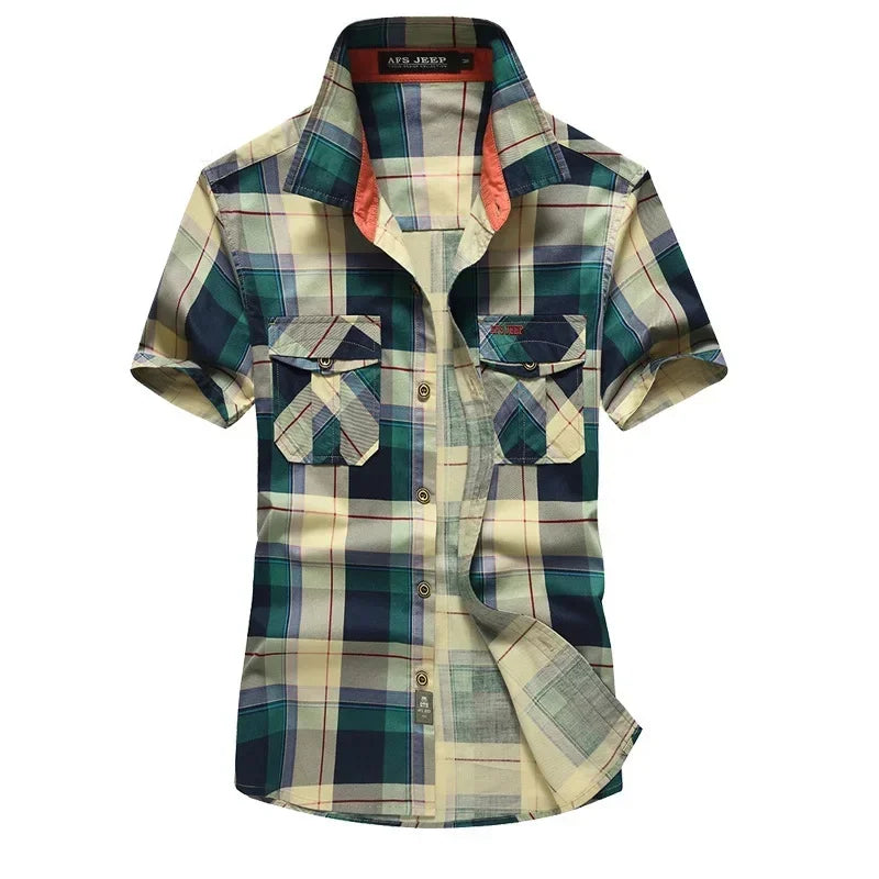 Men’s Red Plaid Cotton Shirt – Summer Short Sleeve Casual