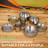 8PCS Camping Cookware Mess Kit Stainless Steel Pots