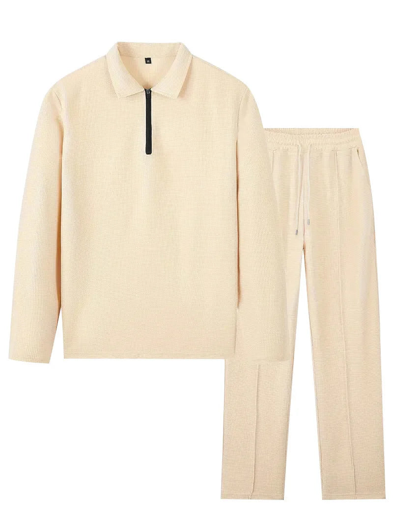 Spring and Autumn Men's Clothing  Waffle Fabric Men's Suit Fashion Casual Zipper and Lapel Long Sleeve POLO Shirt Trousers Suit