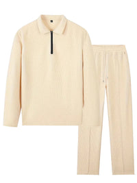 Spring and Autumn Men's Clothing  Waffle Fabric Men's Suit Fashion Casual Zipper and Lapel Long Sleeve POLO Shirt Trousers Suit