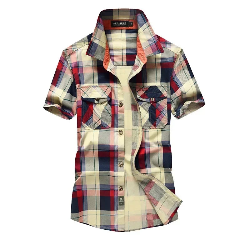 Men’s Red Plaid Cotton Shirt – Summer Short Sleeve Casual