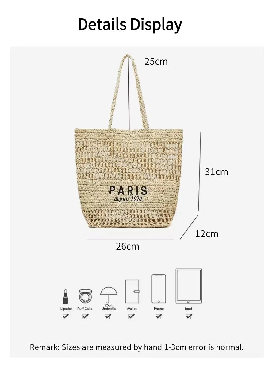 Women's Summer Beach Straw Style Tote Bag Handwoven Large Capacity Luxury Designer Travel Handbags Casual Portable Shoulder Bags