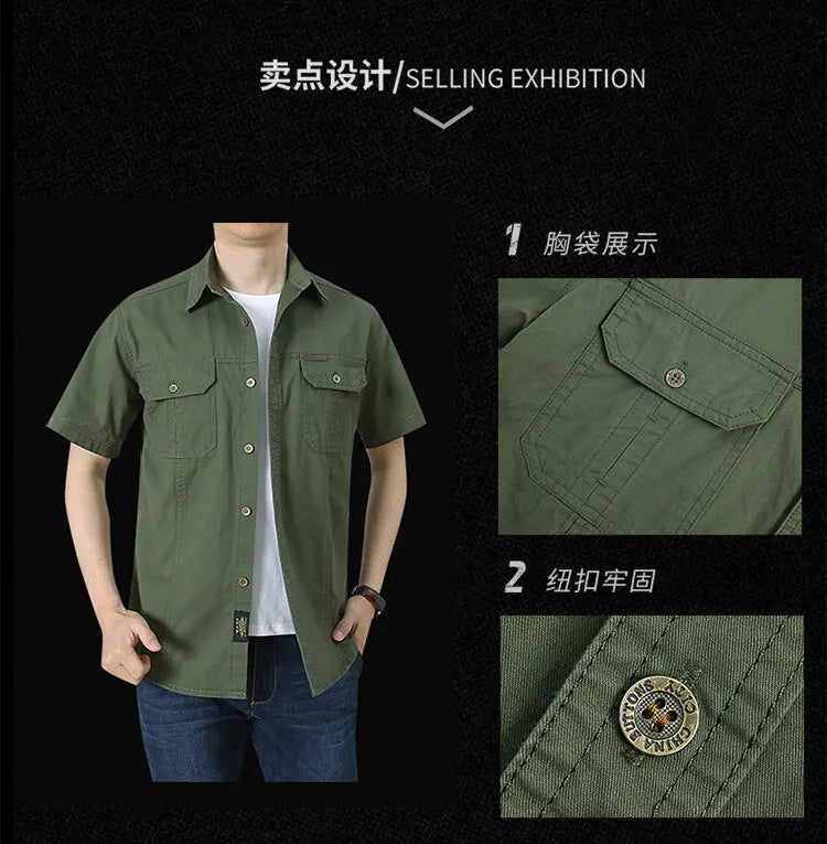 Men Cargo Shirt Short Sleeve Casual Cotton Work Shirt