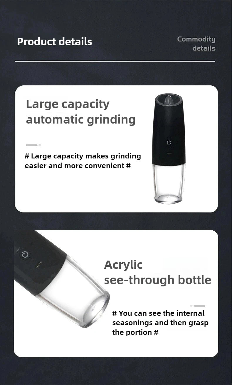 USB Rechargeable Electric Salt and Pepper Grinder Adjustable Coarseness Large Capacity Auto Spices Grinders Kitchen Cooking Tool