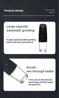 USB Rechargeable Electric Salt and Pepper Grinder Adjustable Coarseness Large Capacity Auto Spices Grinders Kitchen Cooking Tool