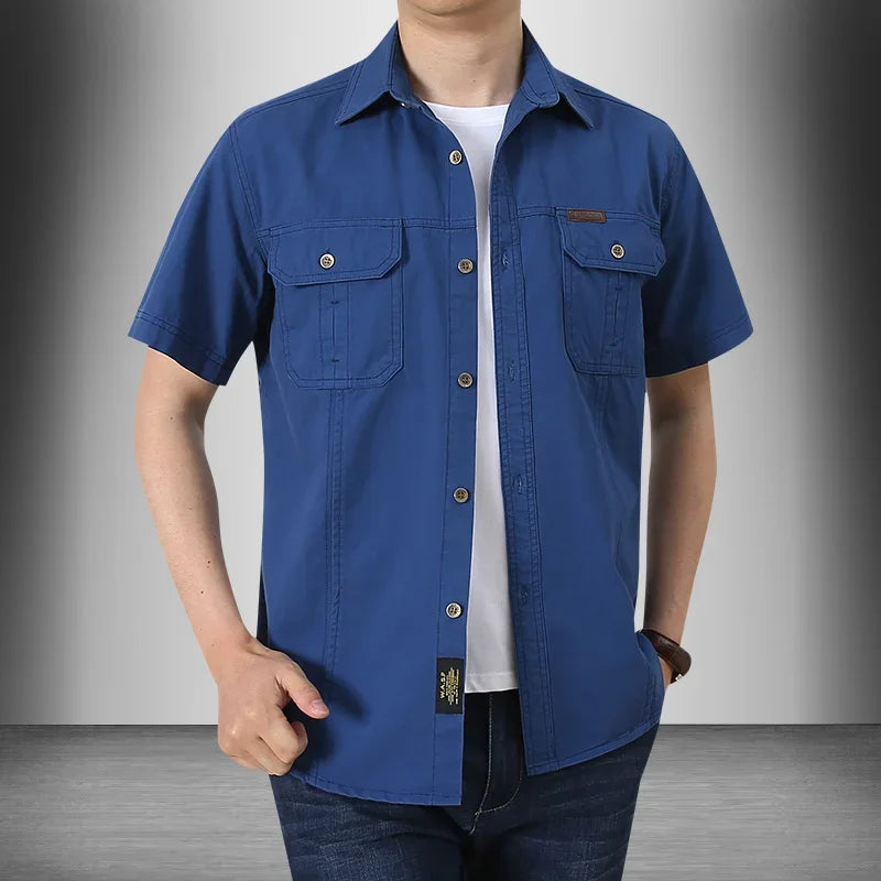 Men Cargo Shirt Short Sleeve Casual Cotton Work Shirt