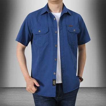 Men Cargo Shirt Short Sleeve Casual Cotton Work Shirt