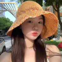 Rainbow woven women's sunscreen hat summer Japanese straw hat  protective fashion, breathable hollow beach sun hat