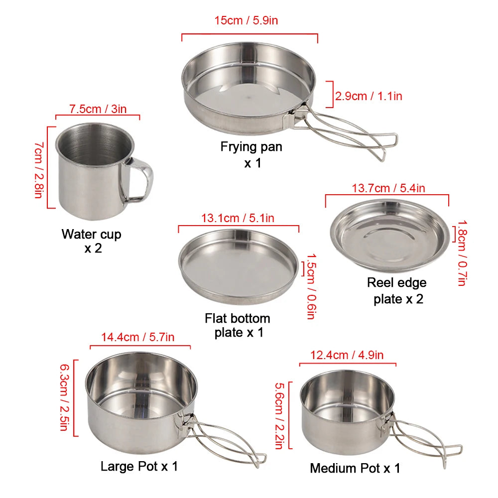 8PCS Camping Cookware Mess Kit Stainless Steel Pots