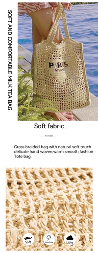 Women's Summer Beach Straw Style Tote Bag Handwoven Large Capacity Luxury Designer Travel Handbags Casual Portable Shoulder Bags