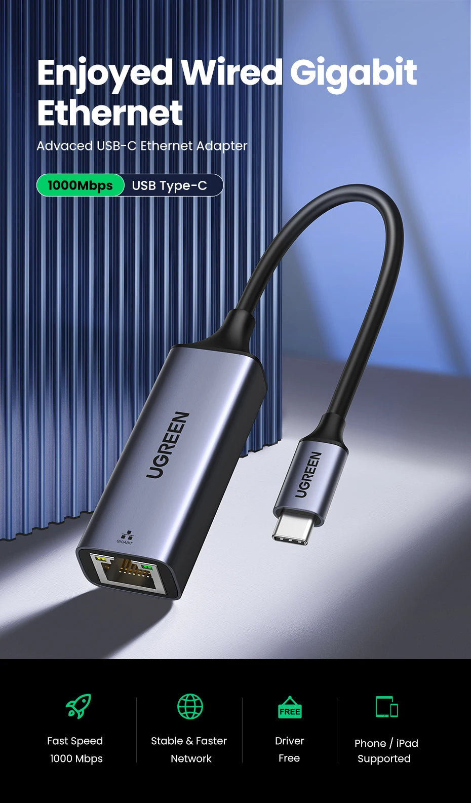 UGREEN USB C Ethernet Adapter 1000/100Mbps USB Lan RJ45 Thunderbolt 3 for Laptop Macbook Samsung iPad USB Ethernet Network Card