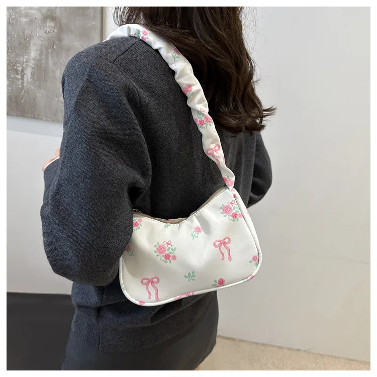 Women's Underarm Bag Summer Canvas Pleated Handlebags Armpit Purse FloralBow Printed Zipper Tote Handbag Female Y2k Shoulder Bag