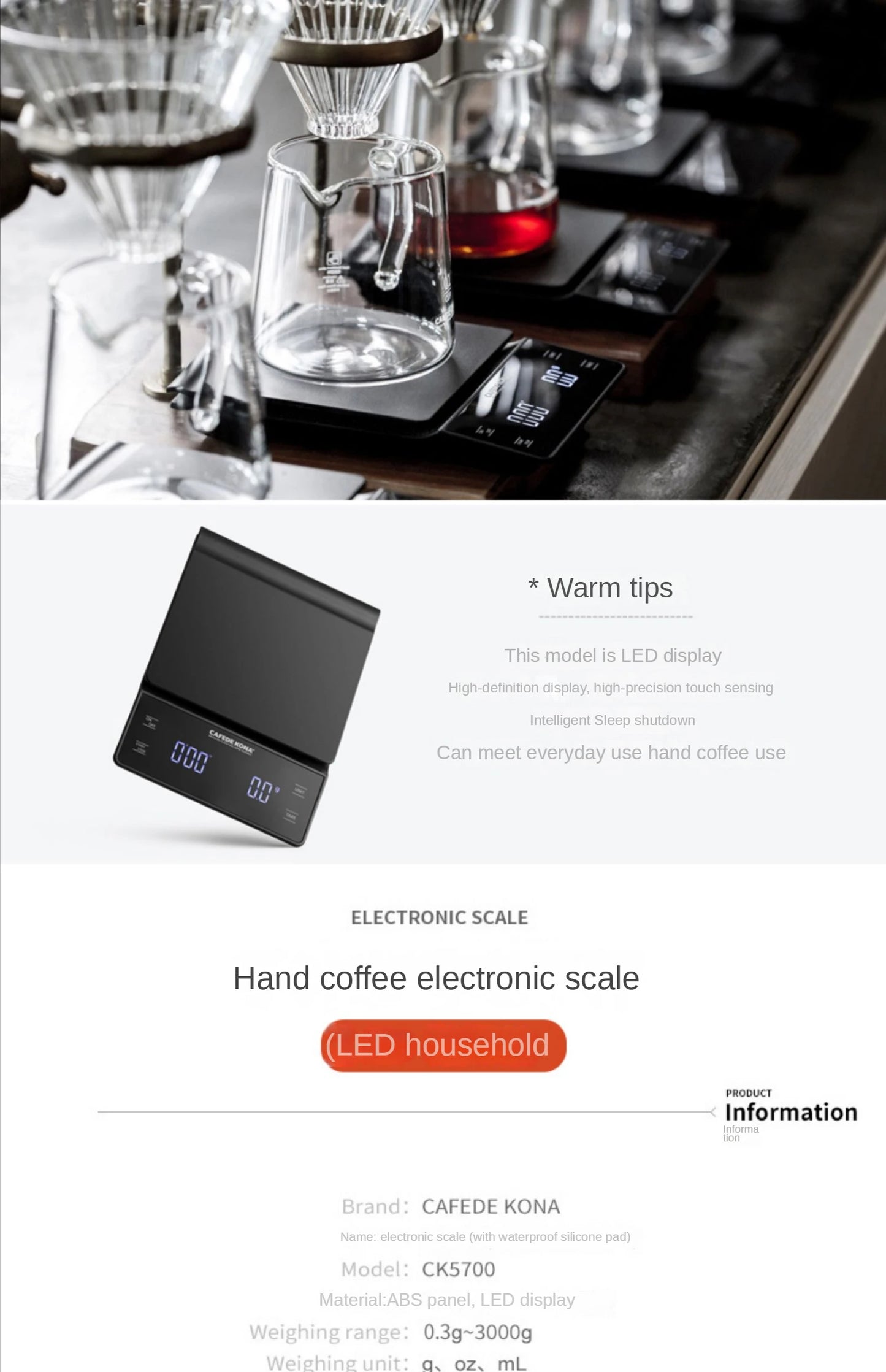 Smart Coffee Scale Kitchen Food Scale Digital Electronic Scale with Timer Precision Jewelry Scale Mini Household Weighing Scale