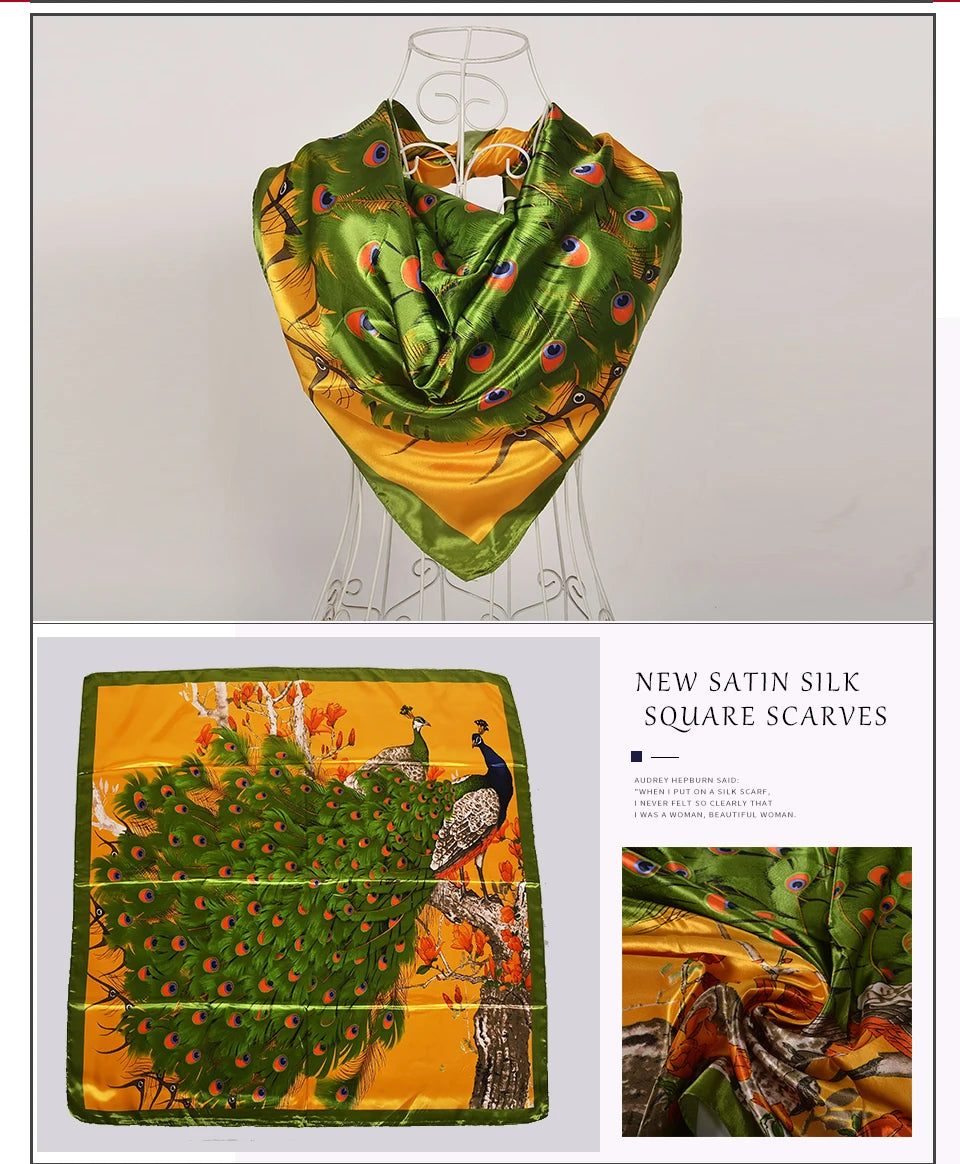 BYSIFA Beige Coffee Peony Silk Scarf Women 90x90cm