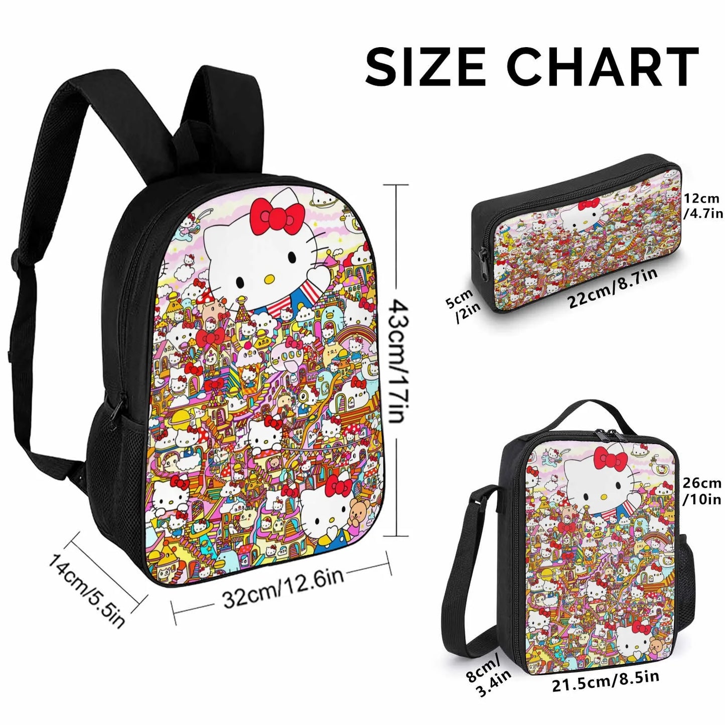 School Bag Printed Book Bag School Bags Boys 17 Inch Pencil Case School Backpack Lunch Bag Hello Kitty Sanrio