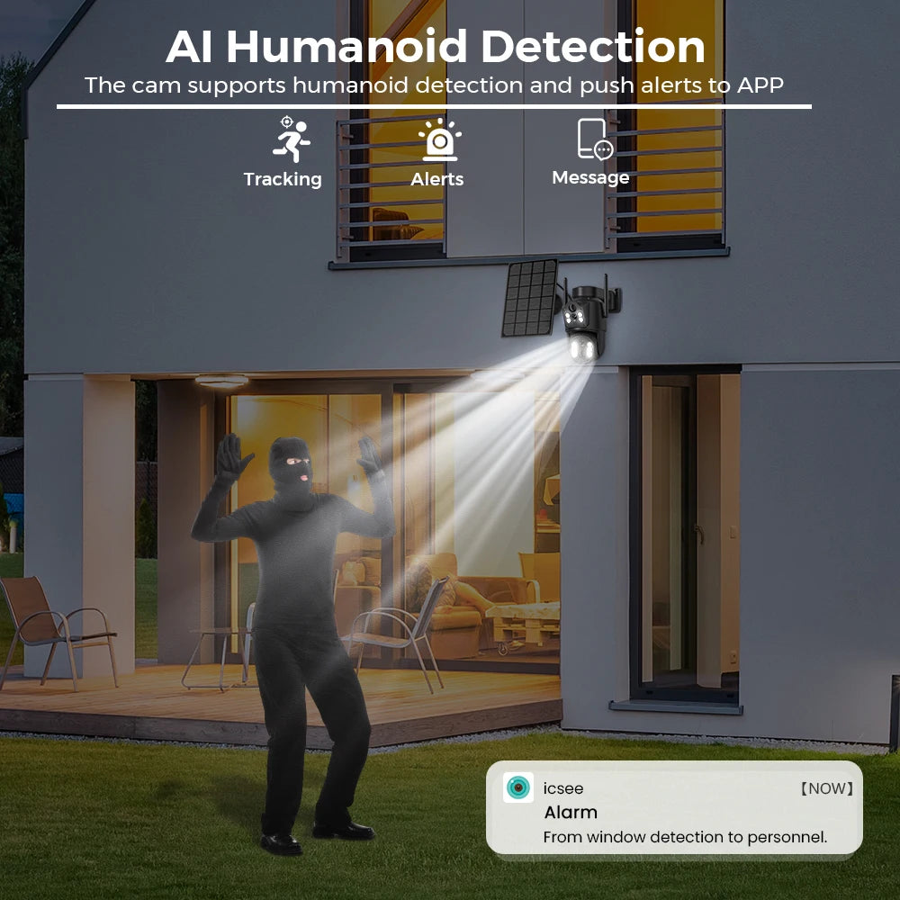 4K 8MP Solar Security Camera – Dual Lens WiFi PIR IP Camera