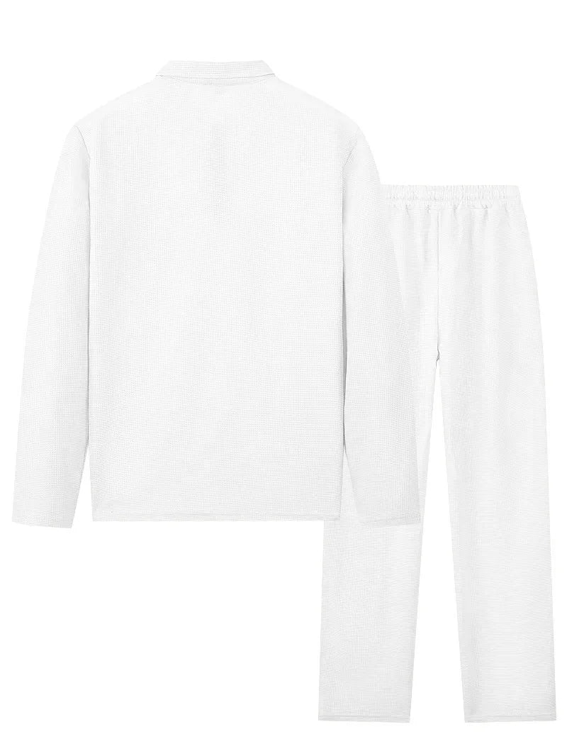 Spring and Autumn Men's Clothing  Waffle Fabric Men's Suit Fashion Casual Zipper and Lapel Long Sleeve POLO Shirt Trousers Suit